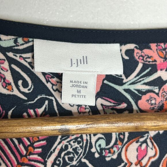 J Jill Boho Blouse Floral Paisley Bell Sleeve Navy Orange Pink M Petite - Picture 5 of 9